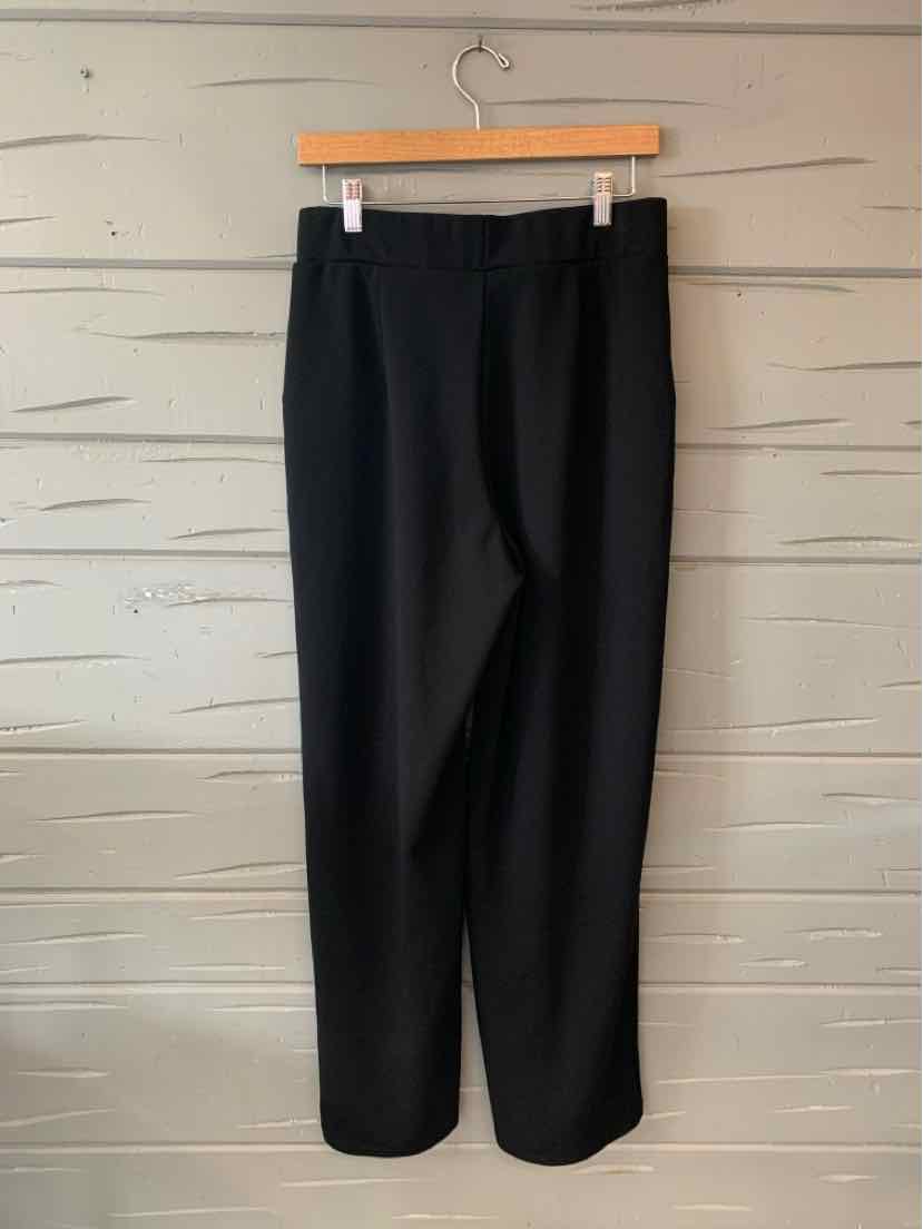 Black straight-leg trousers with front pockets and belt loops, medium size.