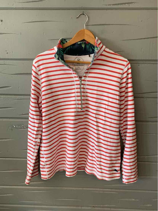 Women's medium long-sleeve quarter-zip pullover with red and white horizontal stripes and a navy collar lining.