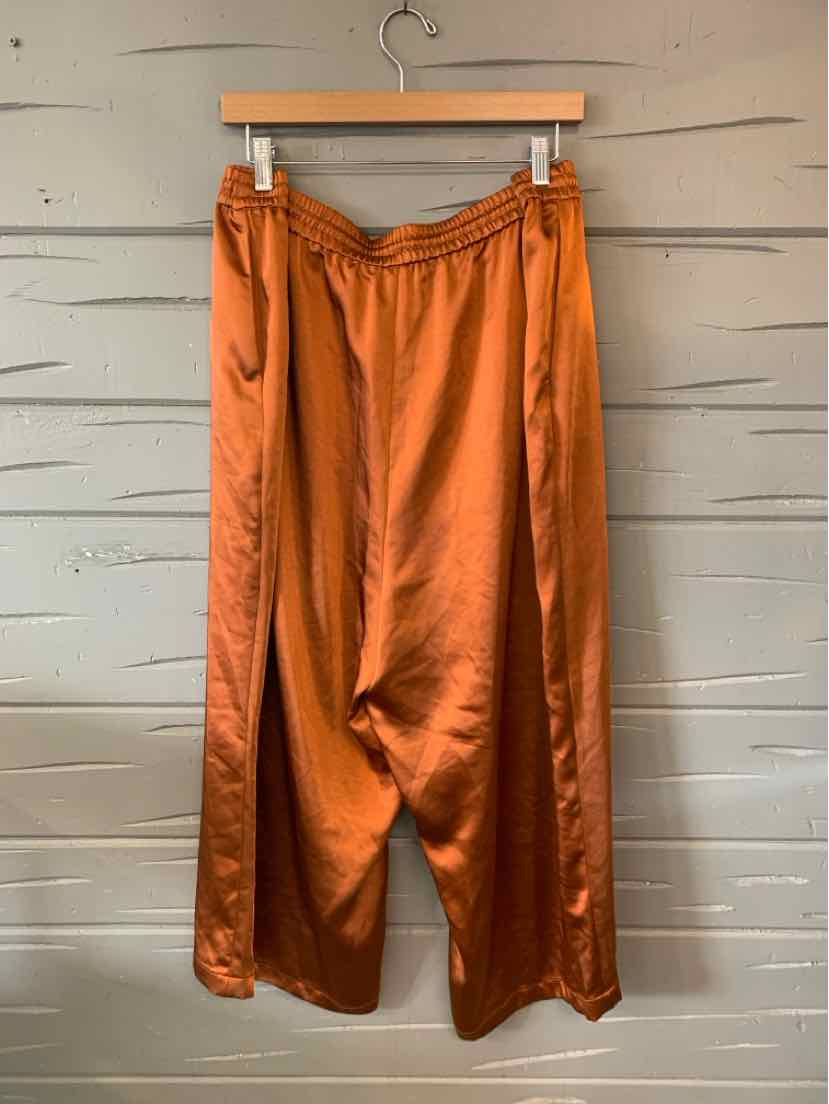 Burnt orange wide-leg satin pants with elastic waistband and side pockets, size 2X.