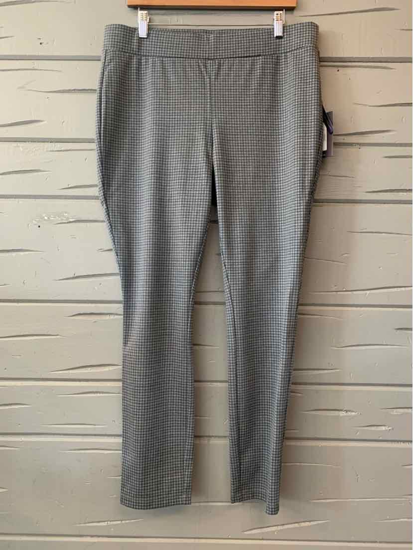 Gray plaid NYDJ women’s trousers with a straight-leg fit and a flat waistband.
