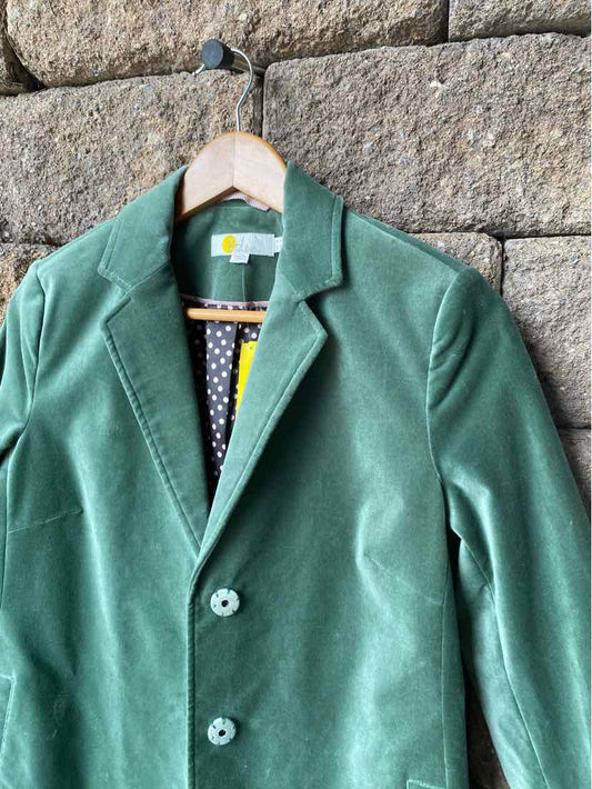 Green tailored blazer with notch lapels and two front buttons, size 4.