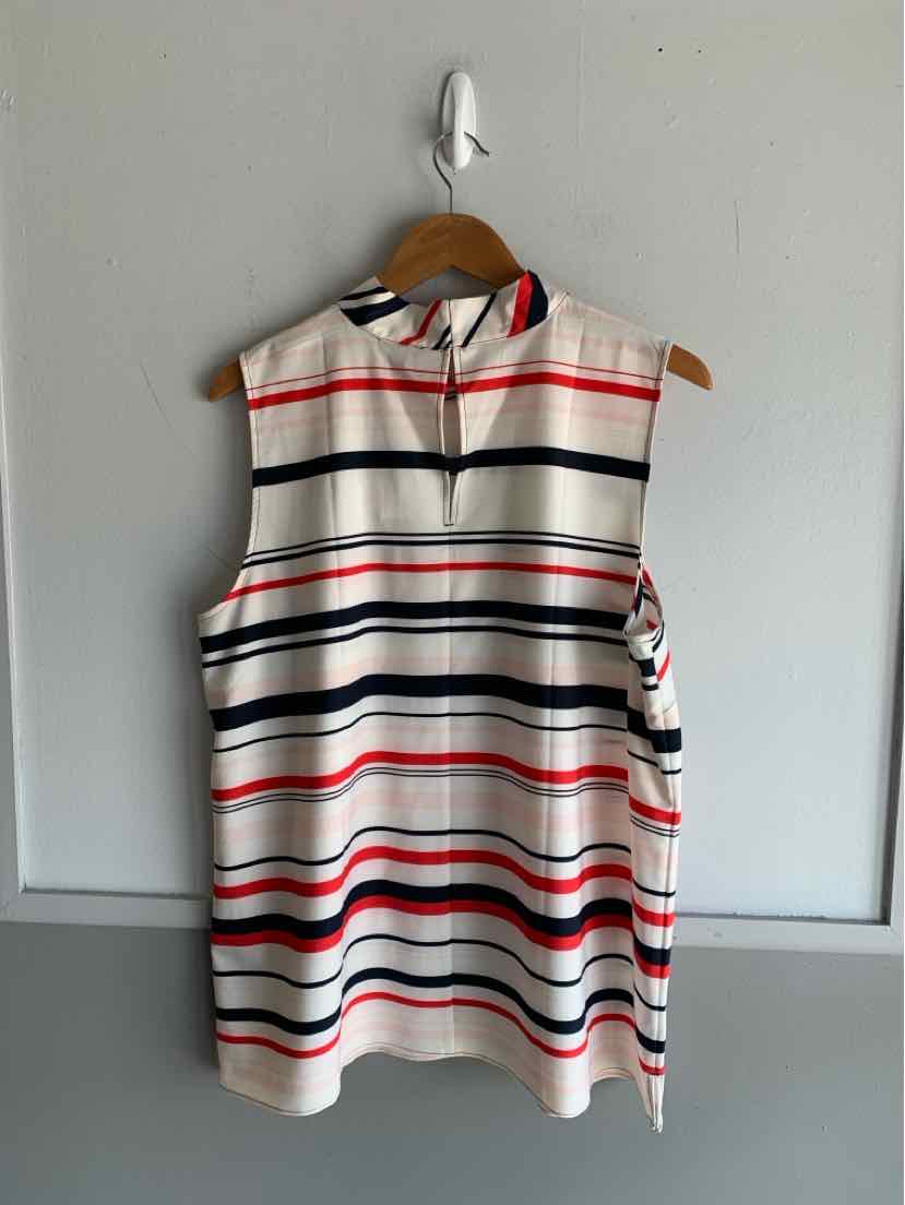 Sleeveless Ann Taylor blouse with horizontal navy, red, and black stripes on white background, size XL.