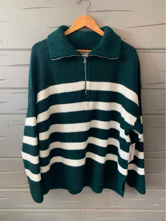 Green and white striped knit pullover sweater with half-zip collar, size 1X.