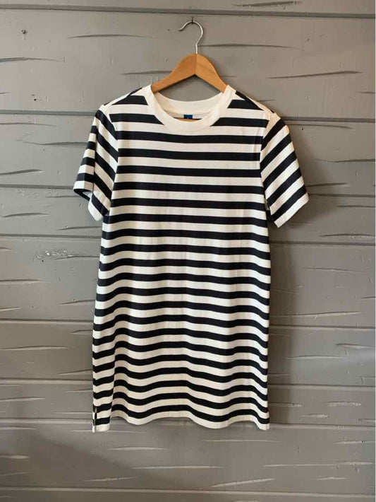 White and navy blue striped short-sleeve T-shirt dress with crew neckline, size small.