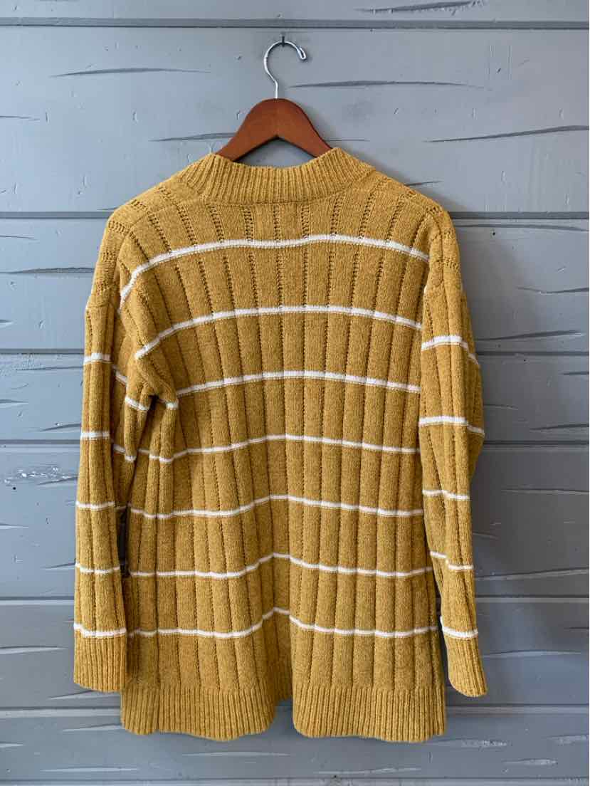Yellow knit sweater with white horizontal stripes, long sleeves, and a crew neckline.