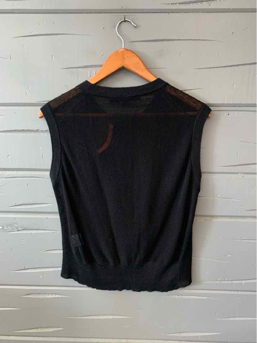 Black sleeveless knit top with sheer mesh yoke and fitted waistband, medium size.