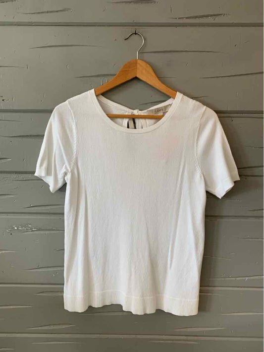 White short-sleeve knit top with crew neckline and a keyhole back detail, size small.