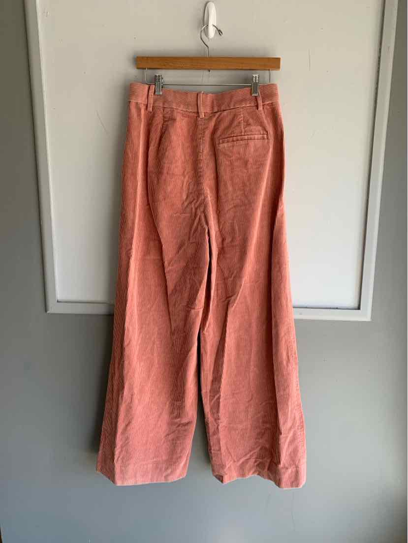 Coral pink wide-leg corduroy pants with front pockets, size 8, hanging on wooden hanger.