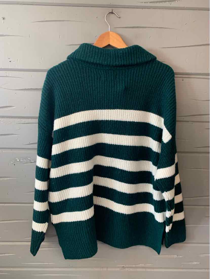 Green and white striped knit sweater with shawl collar, long sleeves, and relaxed fit.