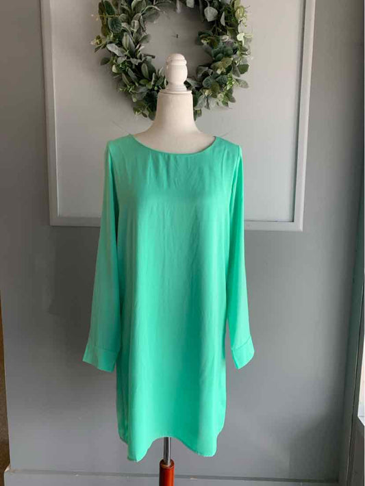 Mint green long-sleeve knee-length dress with round neckline on a mannequin.