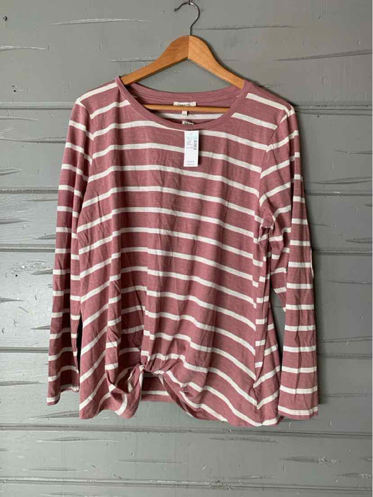 Mauve long-sleeve T-shirt with white horizontal stripes, crew neck, size XXL.