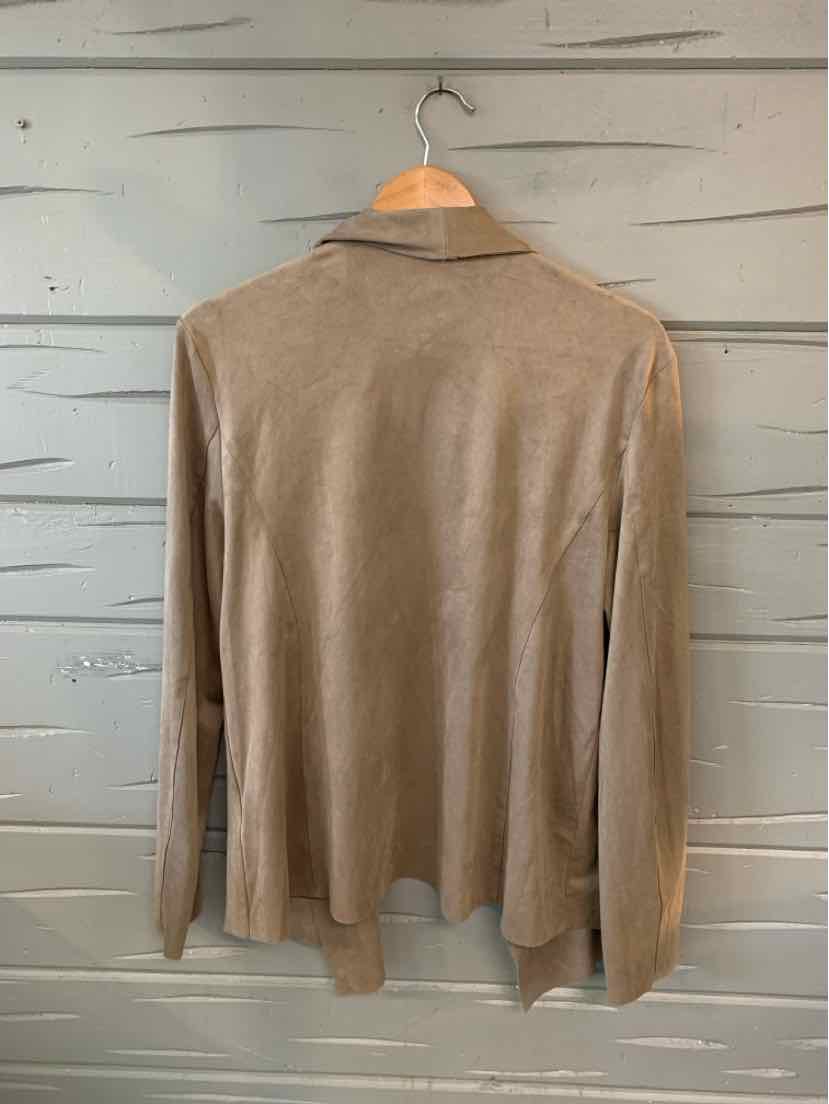 Taupe lightweight long-sleeve cardigan with open front and relaxed fit in size XL.