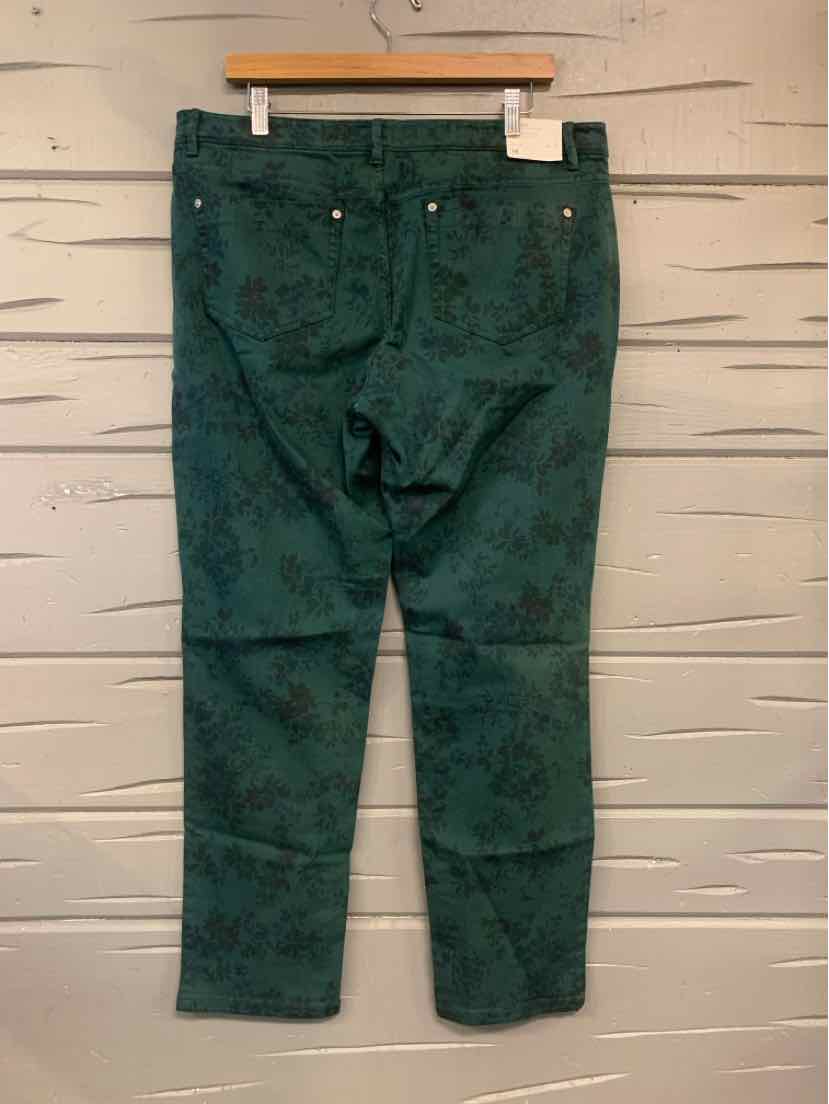 Green floral patterned straight-leg pants with back pockets and belt loops, size 14.