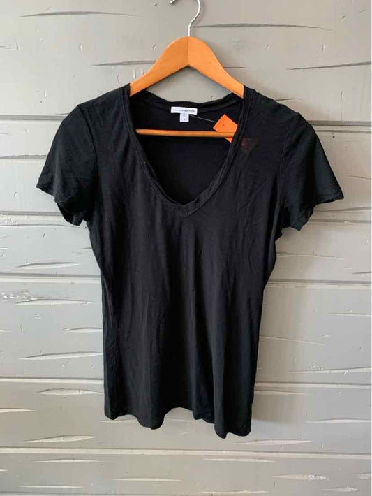 Black short-sleeve V-neck T-shirt with a slightly worn neckline on a wooden hanger.