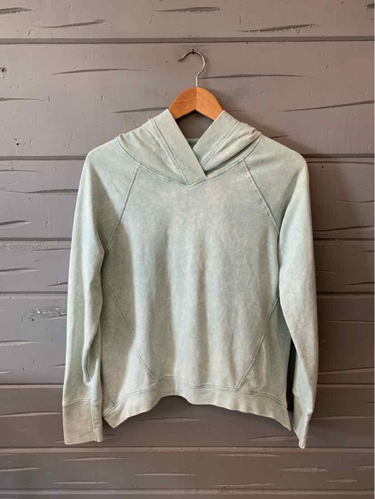 Light gray pullover hoodie with front kangaroo pocket and ribbed cuffs, size small.