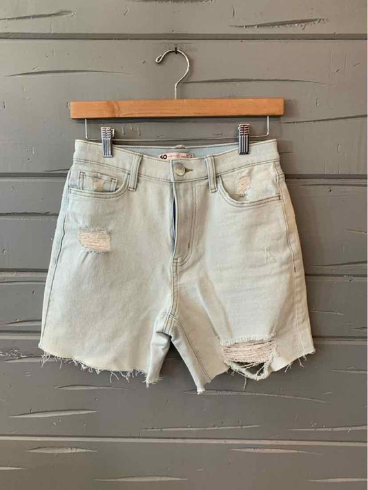 Light wash denim shorts with distressed details and frayed hem, size 5.