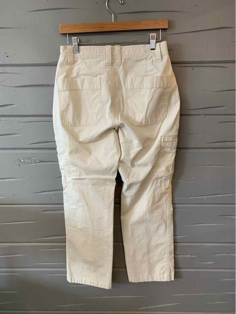 Tan straight-leg pants with back pockets and belt loops, size 6P.