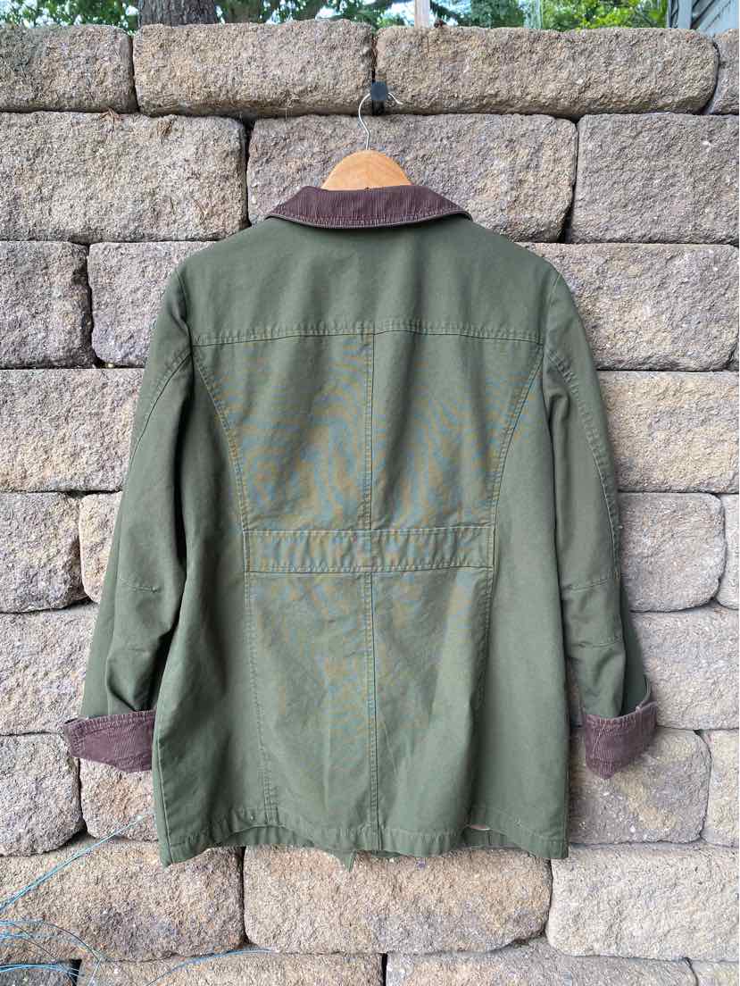 Olive green LL Bean jacket with brown corduroy collar and cuff details, medium size, solid color.