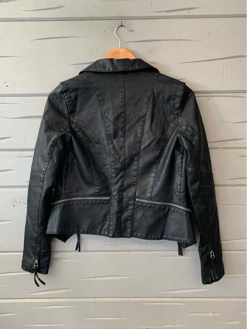 Black faux leather jacket for women, size small, with zipper details and a fitted cut.