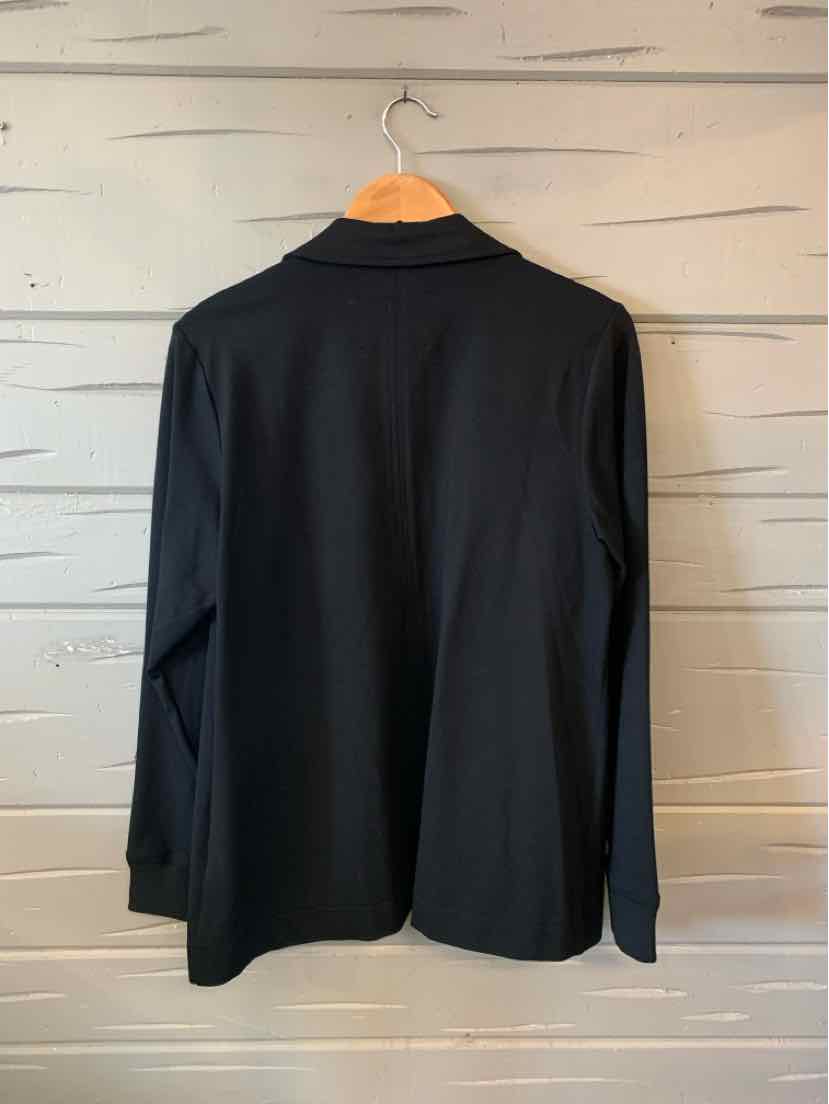 Black long-sleeve blazer with a classic collar, sized large, hanging on wooden hanger.
