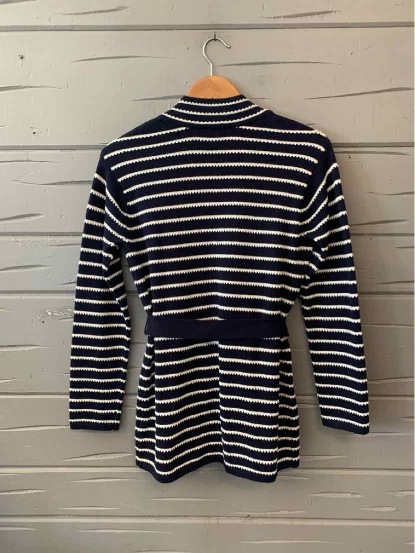 Navy and white striped long-sleeve sweater with belt at waist, size XS.