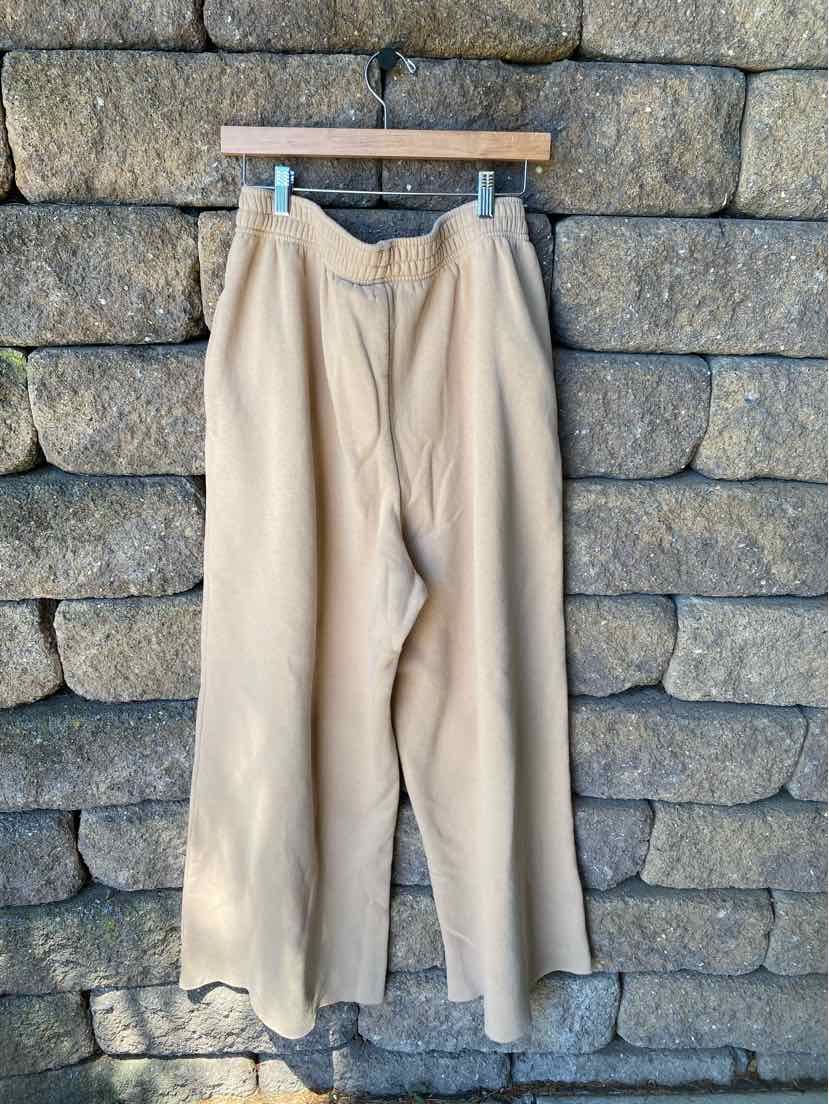 Tan wide-leg pants with elastic waistband and smooth, lightweight fabric.