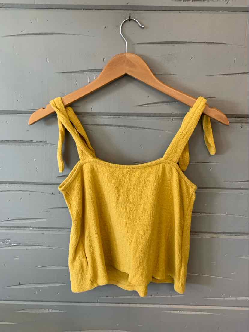 Yellow sleeveless crop top with tie straps and square neckline on wooden hanger.
