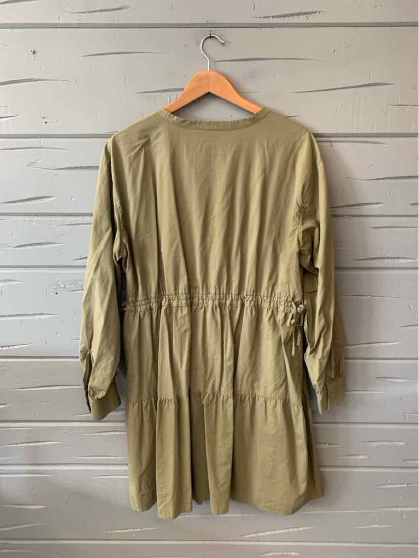 Olive green long-sleeve dress with gathered waist and relaxed fit on wooden hanger.