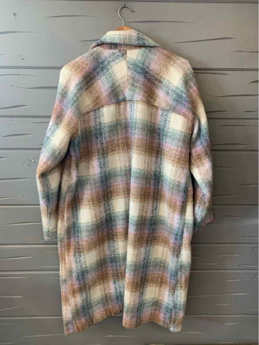 Long plaid coat in soft pastel shades of blue, pink, and beige with a relaxed fit and wide collar.