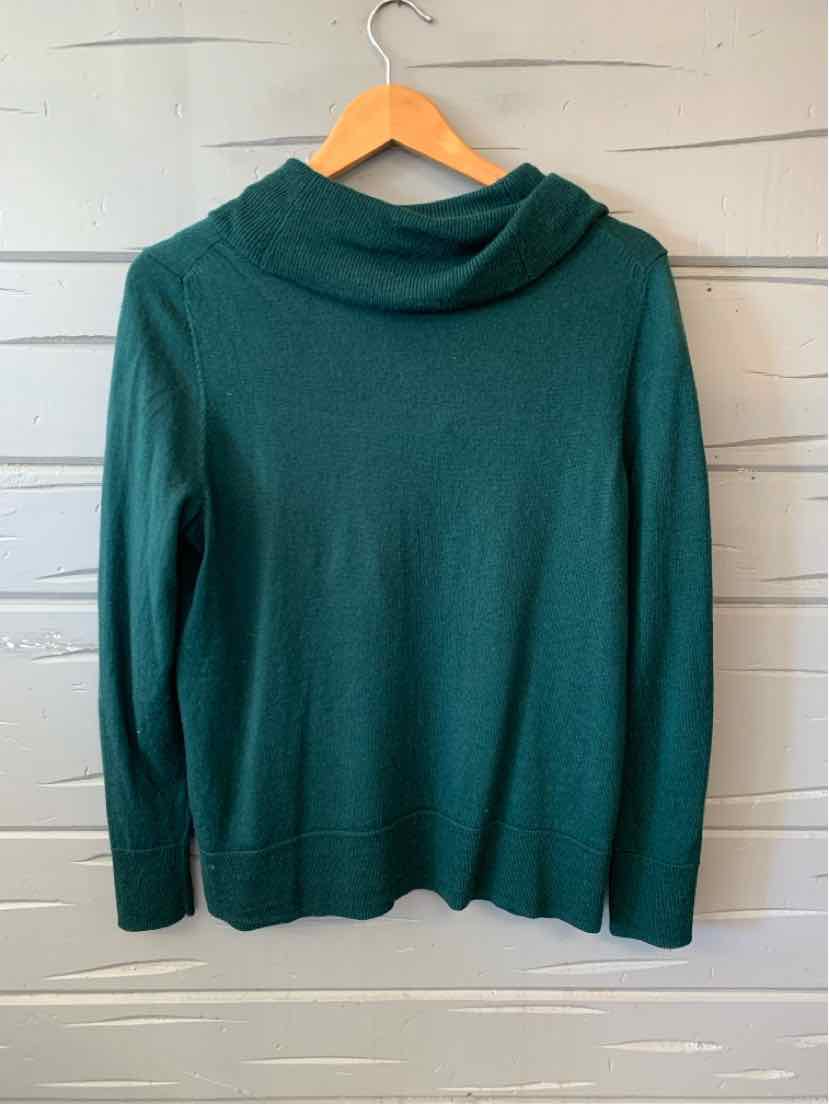 Women's solid dark teal Talbots sweater with long sleeves and a draped cowl neckline.