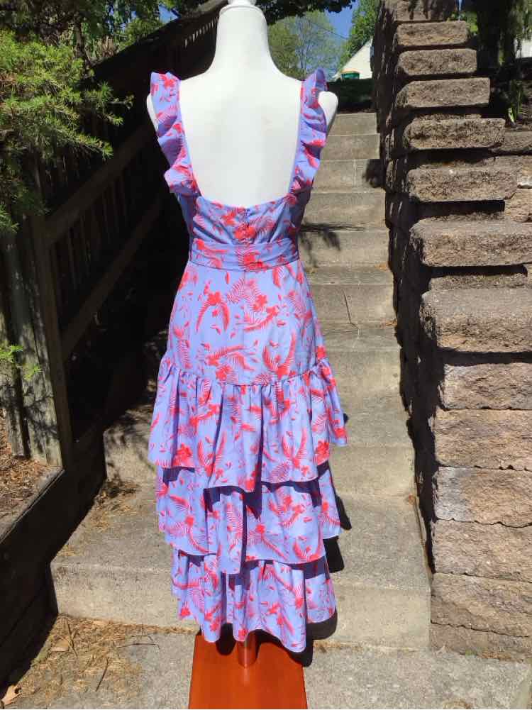Purple and red floral sleeveless dress with ruffled tiers and deep V-back neckline.
