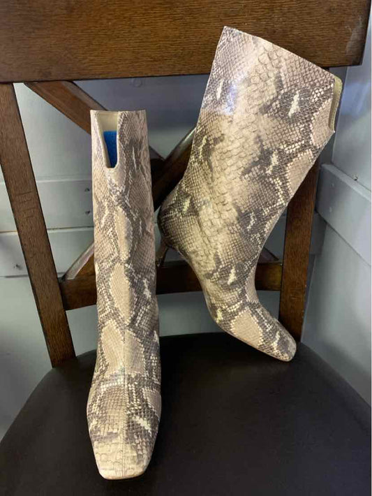 Tan mid-calf boots with snake print pattern, pointed toe, and block heel, size 9.5.