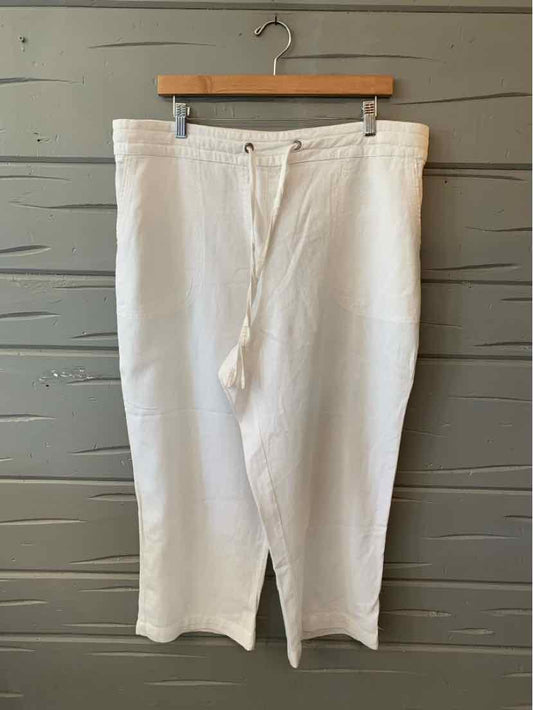 White linen drawstring pants with relaxed fit and elastic waistband, size XL.