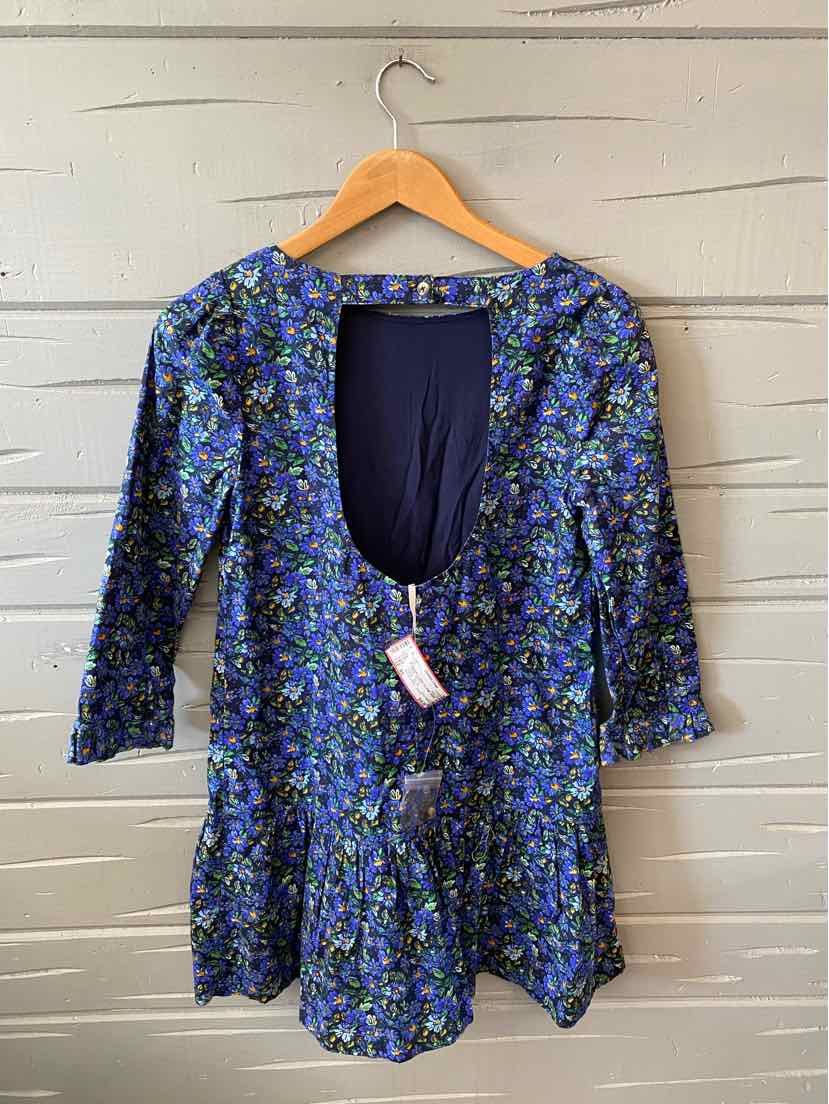 Blue floral long-sleeve dress with deep scoop back and flared skirt, size XS.