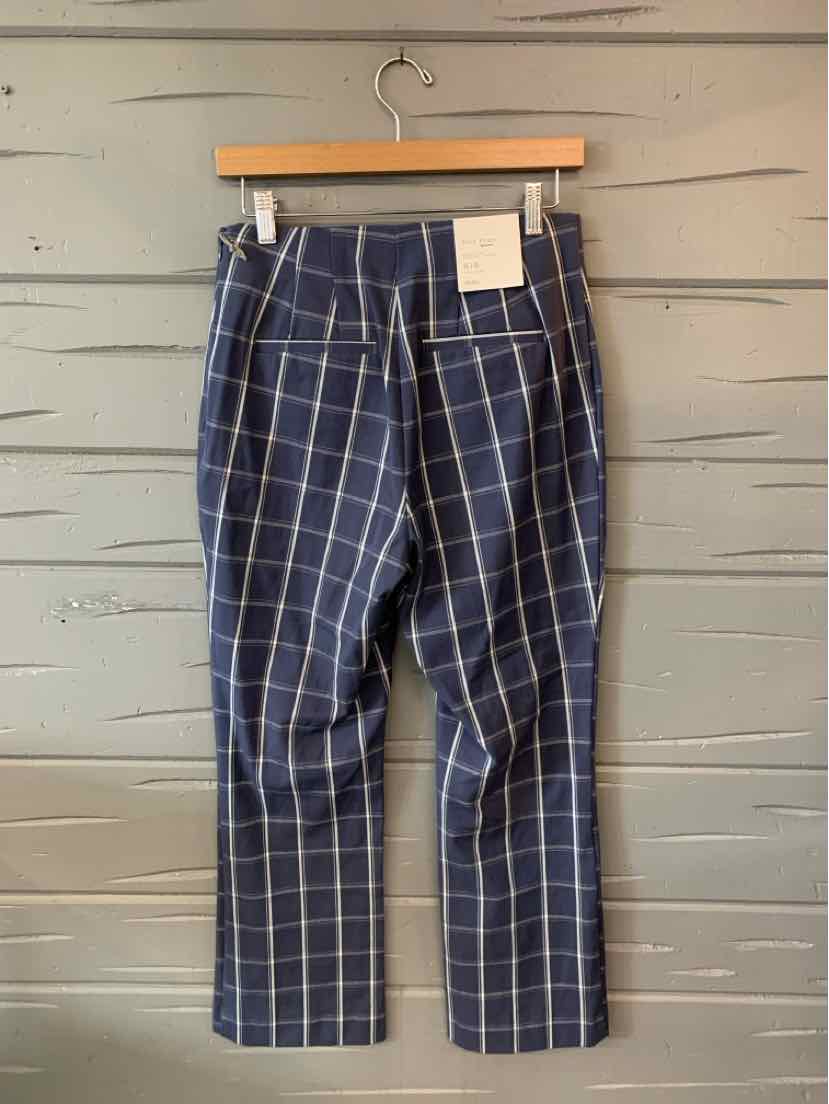 Navy blue plaid pants with white grid lines, tailored fit, ankle length, button and zipper closure.