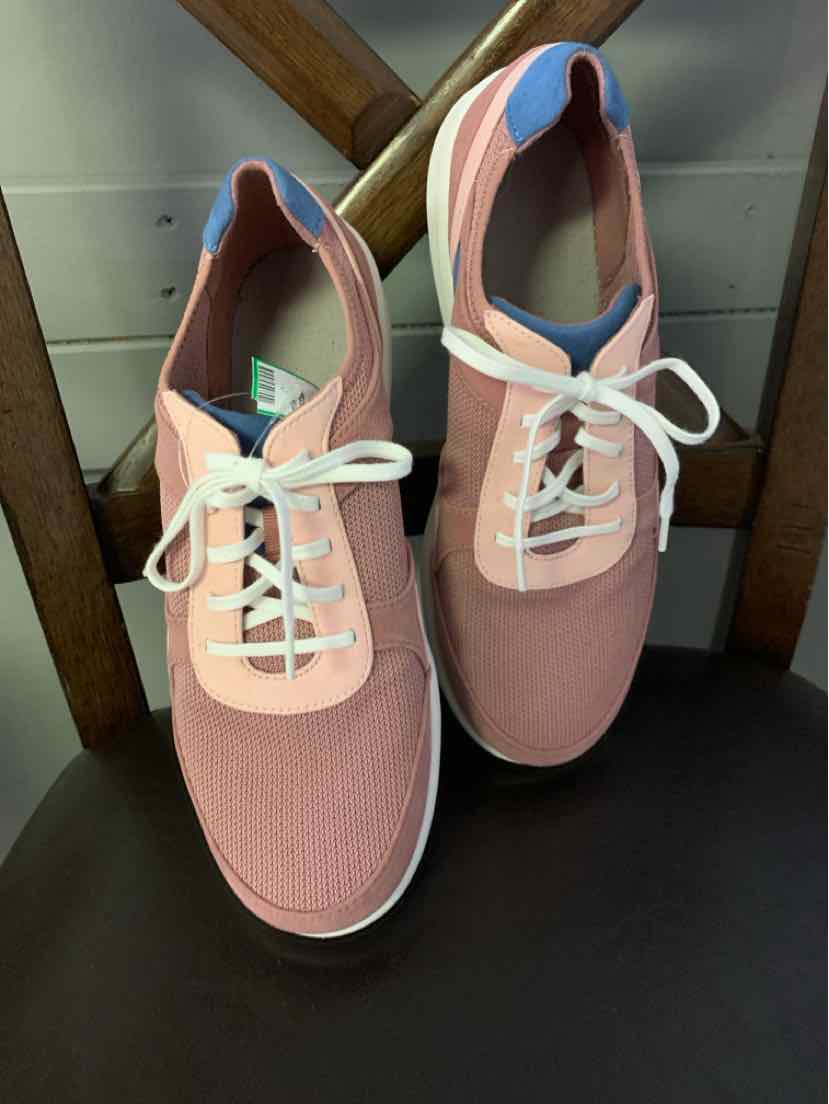 Mauve lace-up sneakers with soft fabric upper and white soles, size 9.