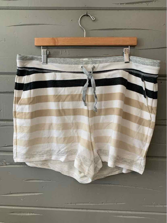 Gray and white striped casual shorts with beige stripes and drawstring waist, size XL.