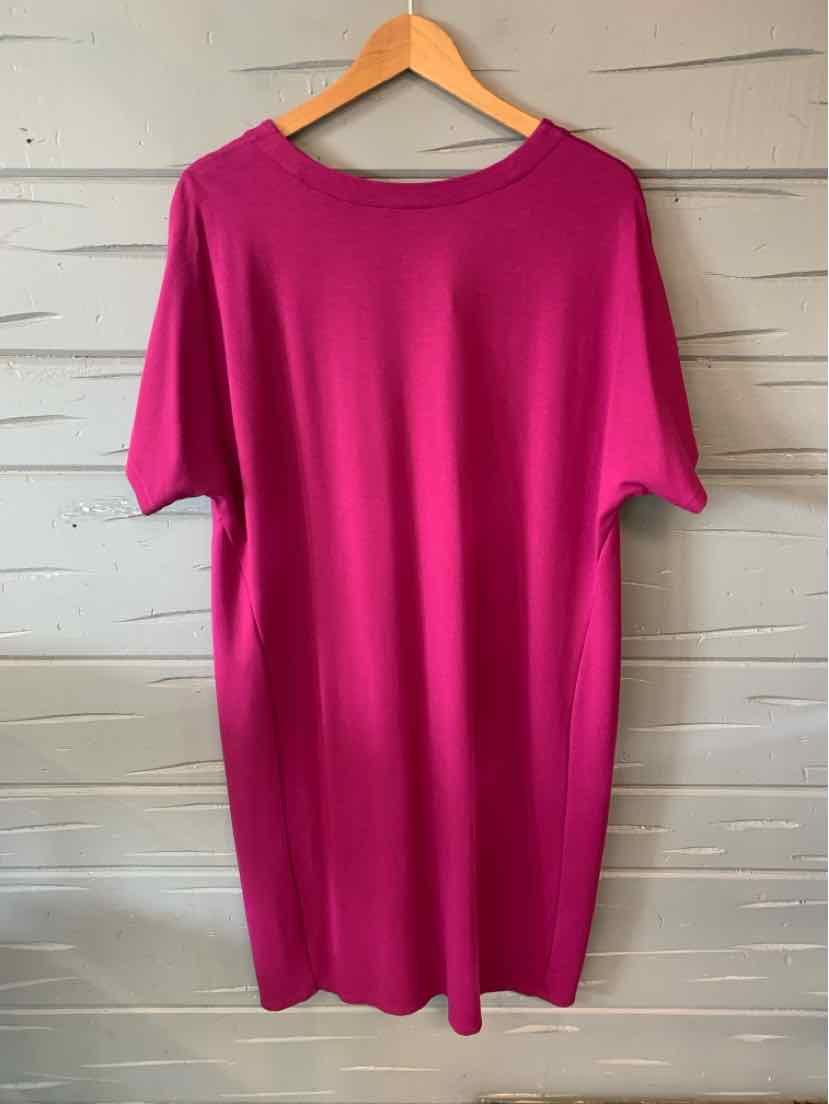Bright pink, short-sleeve, knee-length casual dress with a loose fit and round neckline.
