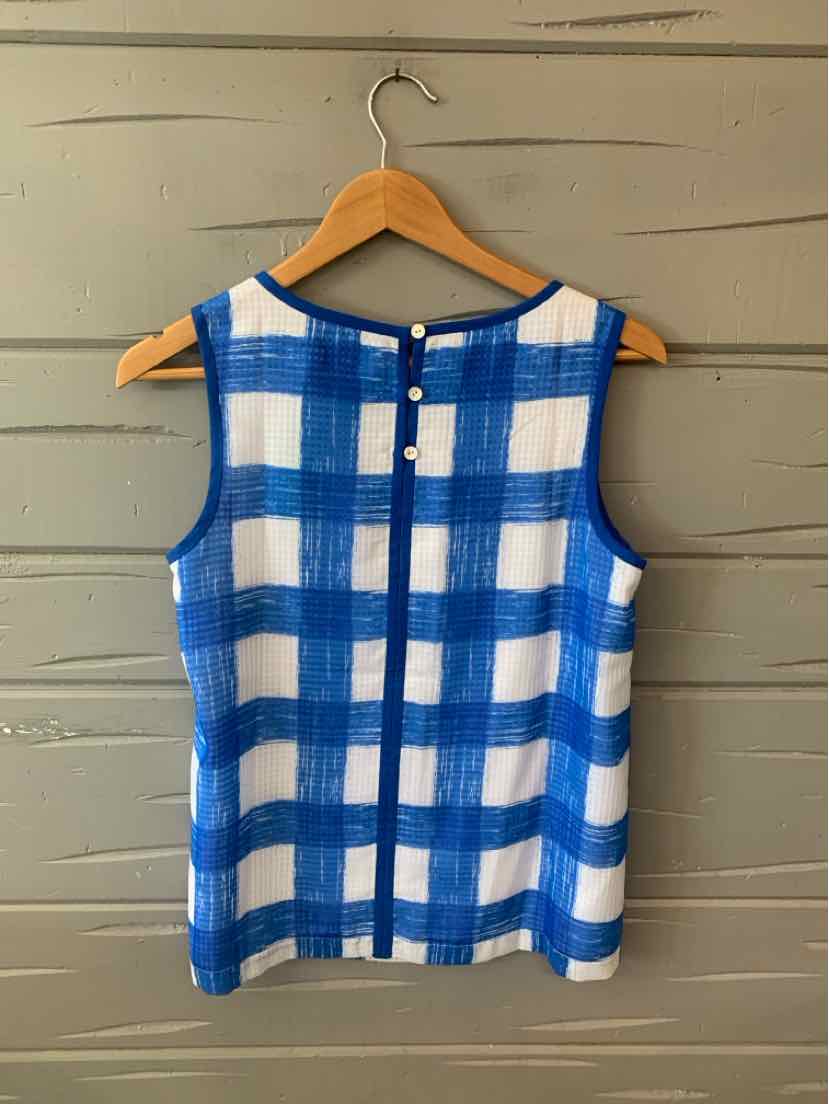Sleeveless blue and white gingham blouse with back button closure, size 4T.