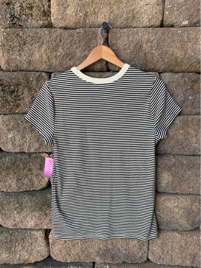 Black and white thin striped short-sleeve t-shirt with cream crew neck collar, size large.