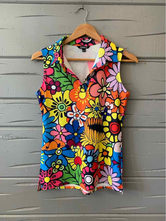 Sleeveless floral golf polo with vibrant multicolor flowers and a zip collar in size small.
