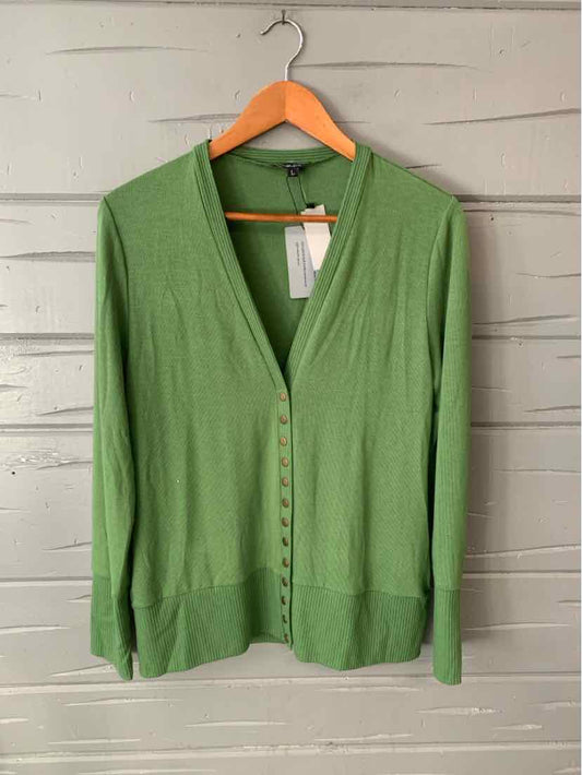 Light green cardigan with V-neck, long sleeves, and button-front closure on wooden hanger.