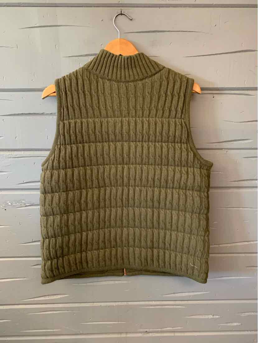 Olive green Talbots sleeveless knit vest with a ribbed high neck and quilted horizontal panels.