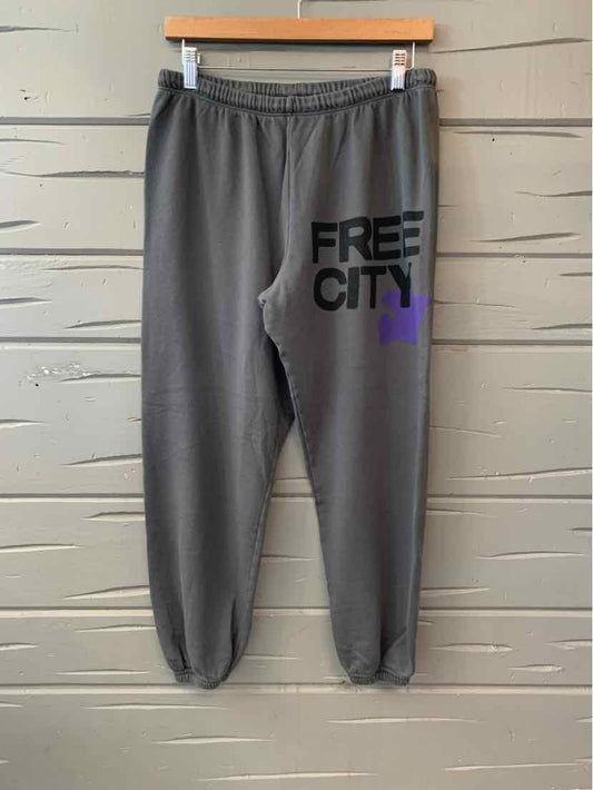 Gray jogger pants with elastic waistband and cuffs, featuring bold black and purple "FREE CITY" text on left thigh.