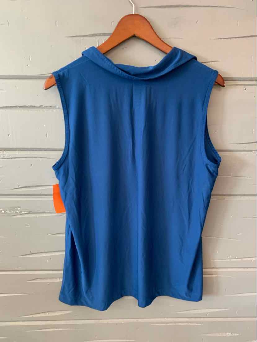 Blue sleeveless collared blouse with smooth fabric and relaxed fit on wooden hanger.