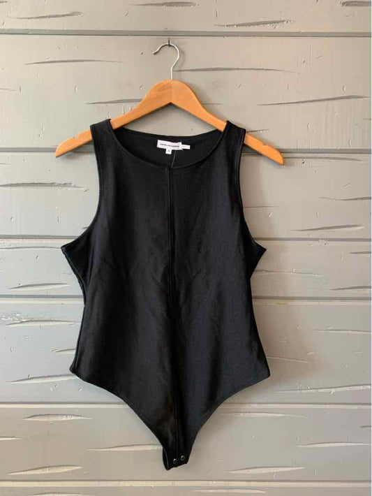 Black sleeveless bodysuit with round neckline, smooth fabric, and snap closure at the bottom, size XL.