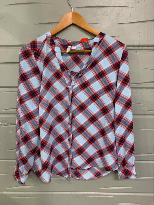 Blue and red plaid button-up shirt with long sleeves, size XS, hanging on wooden hanger.