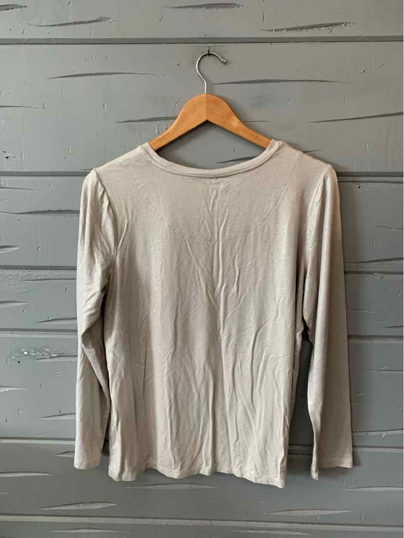 Light metallic long-sleeve women's top with crew neckline, loose fit, size large.