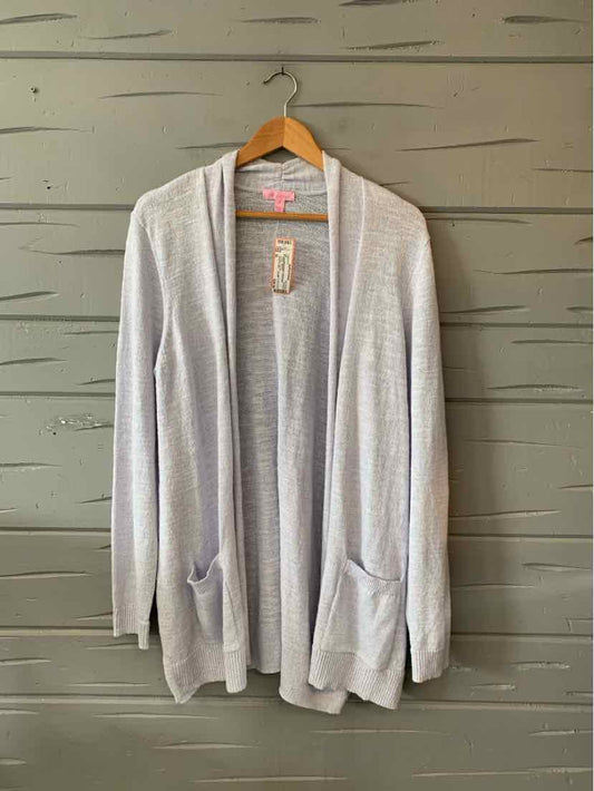 Light gray open-front cardigan with long sleeves and two front pockets, soft knit fabric, relaxed fit XL.