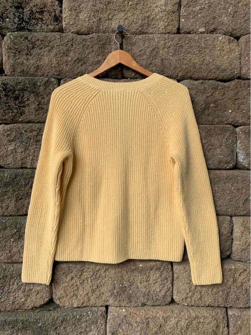 Light yellow knit sweater with a crew neckline, long sleeves, and ribbed cuffs and hem, hanging on a wooden hanger.